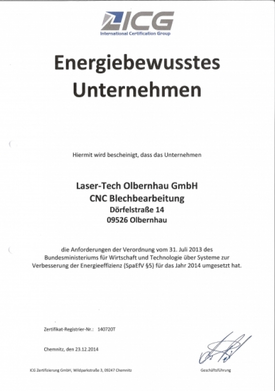 Energiebewusstes Unternehmen Zertifizierung